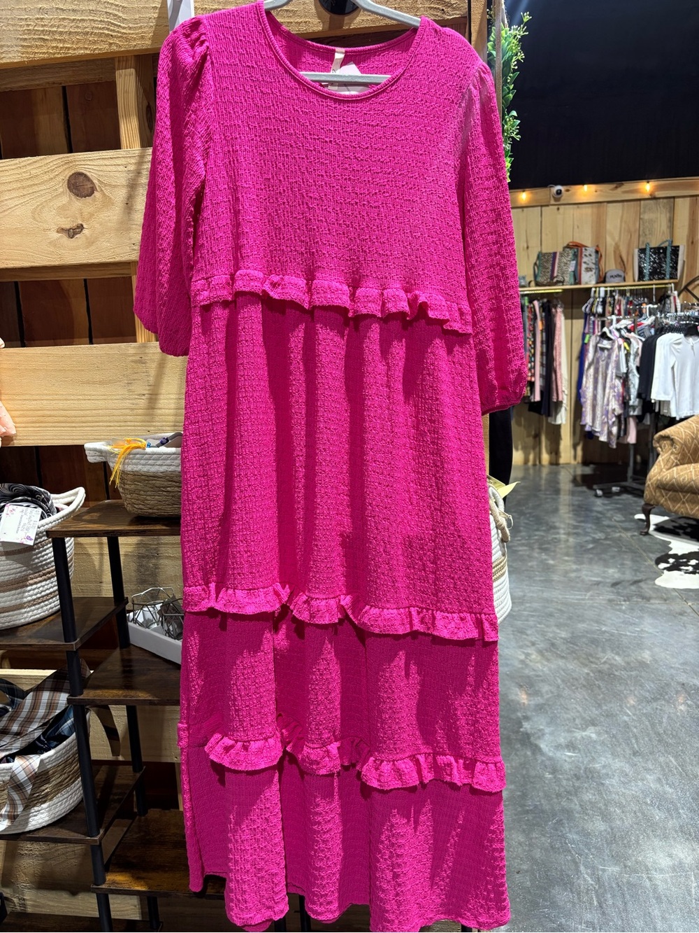 Celeste Hot Pink Tiered Ruffle Midi Dress